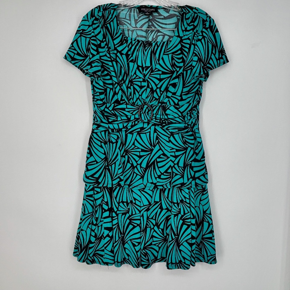 Perceptions New York Womens Size 8 Two Piece Dress Skirt Blouse Turquoise Black